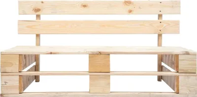 A wooden bench made from pallets, shown against a white background.