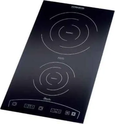 A black induction cooktop with two cooking zones and control panel.