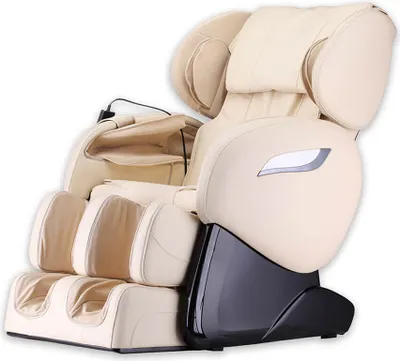 A beige massage chair is shown against a white background.