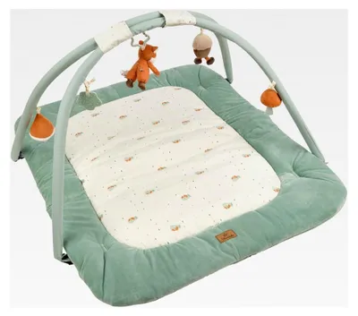 Produktbild von Spielbogen Fuchs Filou 100x80 cm - gepolsterte Krabbeldecke - Baby Spieldecke mit Bogen und abnehmbarem Spielzeug - mit Spiegel, Rassel und Beißring - Activity Decke - unisex - hellgrau