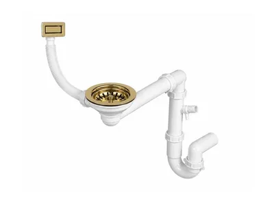 Produktbild von GranMaster Premium Raumsparsiphon für 1-Becken-Spülbecken Gold – Ablaufgarnitur mit manuellem Stopfen, eckigem Überlauf und Geräteanschluss