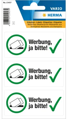 Produktbild von HERMA Hinweisetiketten "Werbung ja bitte!" Folie matt wetterfest 3 Etiketten