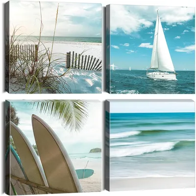 Productafbeelding van 4-delig canvas schilderij "De Blauwe Zee", 30x30 cm, wanddecoratie op houten frame
