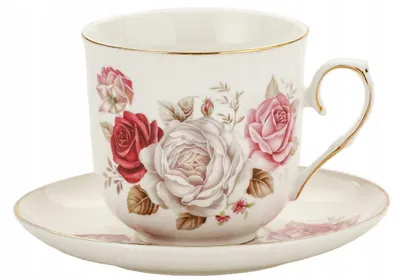 Zdjęcie produktu dla Filiżanka Porcelanowa Jumbo róże złoty rant 350ml kwiaty do kawy herbaty