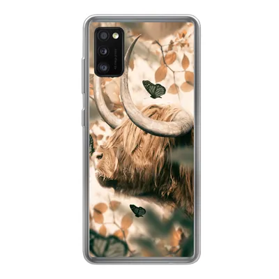 Produktbild von MuchoWow® Handyhülle Schutzhülle Hülle für Samsung Galaxy A41 Schottische Highlander - Schmetterlinge - Blätter Silikon Softcase Handy Hülle - Mobiltelefon