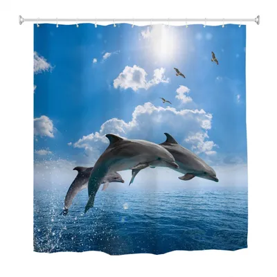 Produktbild von Duschvorhang mit Delfinmuster 180x200cm, wasserdicht, schimmelresistentes Material mit Ozean- und Meeresdelfinmotiv, inklusive 12 Haken.