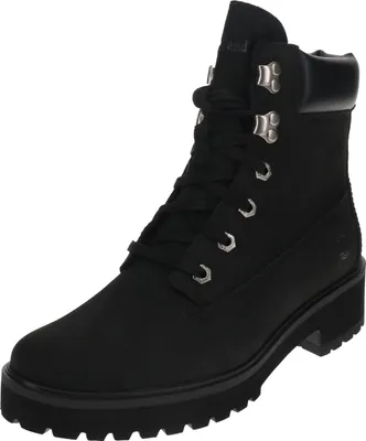 A black Timberland boot is shown against a white background.