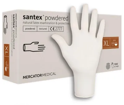 Obrázok produktu pre Latexové rukavice, pudrované, značka Mercator Santex, prírodné, 100 kusov, veľkosť XL