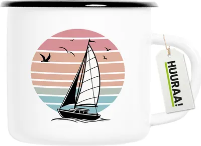 Produktbild von Huuraa Emaille Tasse Segelboot segeln 300ml Vintage Campingbecher Geschenkidee