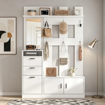 Produktbild von Merax Garderobenschrank mit Einlegeböden, Wandmontage Flurmöbel mit Spiegel und 6 Haken, zweistöckiger Schuhschrank aus MDF, Eingangsbereich, Weiß