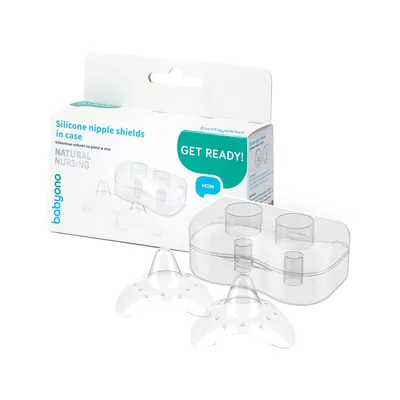 A product shot of BabyOno silicone nipple shields in their case, presented on a white background.