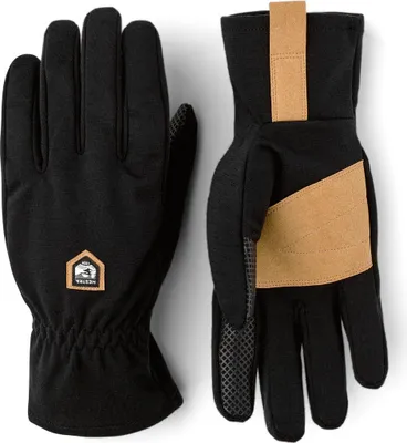Fingerhandschuhe "Merino Windwool Liner" von Hestra; schwarz mit braunen Akzenten und elastischem Bündchen.