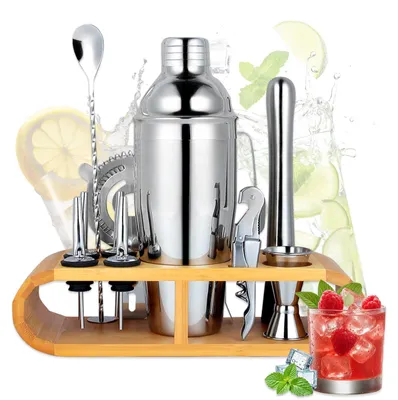 Cocktailshaker-Set 12-tlg., 750 ml, Edelstahl, mit Holzständer