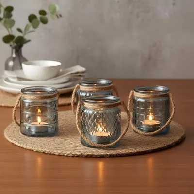 Produktbild von 4er Set Windlicht H10cm Glas Blau Grau Teelichthalter Tischdeko Kerzen Deko Retro Kerzenhalter Rauchblau Flachs