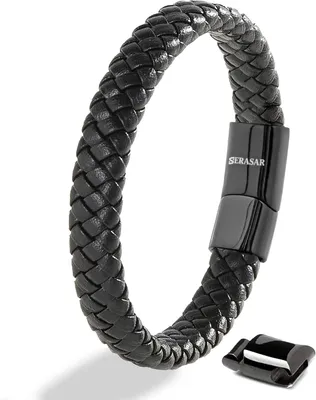 Image de SERASAR Bracelet en cuir véritable pour hommes [Steady] Noir, 23 cm | Fermeture magnétique en acier inoxydable | Boîte à bijoux incluse