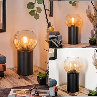 Produktbild von Cesaro Tischlampe aus Metall/Riffelglas in Schwarz/Bernsteinfarben/Klar