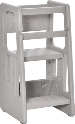 HOMCOM Lernturm Kinder-Tritthocker, Montessori Lernturm mit Handgriffe, Höhenverstellbarer Schemel, Küchenhelfer für Kinder 1,5 bis 5 Jahre, HDPE, Grau, 47 x 47 x 90 cm