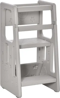 Produktbild von HOMCOM Lernturm Kinder-Tritthocker, Montessori Lernturm mit Handgriffe, Höhenverstellbarer Schemel, Küchenhelfer für Kinder 1,5 bis 5 Jahre, HDPE, Grau, 47 x 47 x 90 cm