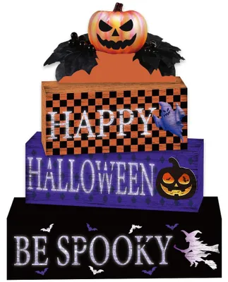 4 Halloween Holzblöcke mit Kürbis Tischdeko
