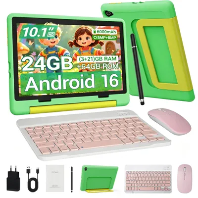 Produktbild von JENBIZZ Kinder Tablet 10 Zoll Android 16, 24 GB RAM, 64 GB ROM, 6000 mAh, Kindersicherung, mit Tastatur, Maus & Stift