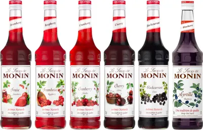 Produktbild von Lot sirops fruits rouges et noirs MONIN - Fraise 1L, Framboise 70cL, Cranberry 70cL, Cerise 70cL, Cassis 1L, Myrtille 70cL