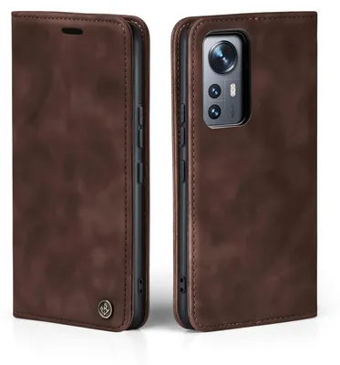 A brown leather flip case for a smartphone is shown from two angles.