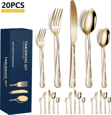 A set of gold-colored cutlery displayed against a white background, with a product box on the left.
