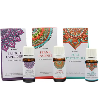 Produktbild von Goloka Duftöl - Indische Naturdüfte für Aromatherapie, Raumduft, Diffusor, Duftlampe (10ml), 3er Set Lavendel, Weihrauch, Patchouli