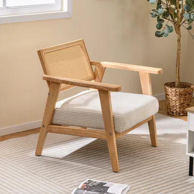 Image de Fauteuil en rotin - Chaise en osier - Chaise de salle à manger - Chaise de jardin - Fauteuil - Structure en bois d'hévéa