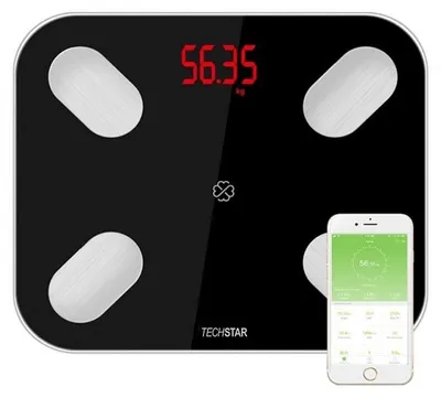 Zdjęcie produktu dla Waga elektroniczna Smart Techstar®, czarna, wyświetlacz cyfrowy, bezprzewodowa, Bluetooth, maksymalna waga 180 kg, kompatybilna z Androidem i iOS