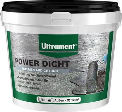 Produktbild von Ultrament Power Dicht 5L - Flexibler Universalabdichter für Außenbereich, Bitumen, Dachbahnen, Beton und mehr - UV-beständig, schnell trocknend, lösemittelfrei - Effektive Abdichtung mit
