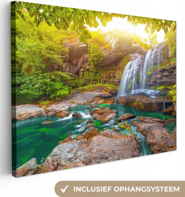 Produktbild von MuchoWow® - Leinwandbilder - Natur - Wasserfall - Pflanzen - Bäume - Sonne, Wandbild, Wanddeko Bilder Wohnzimmer, 120x90 cm