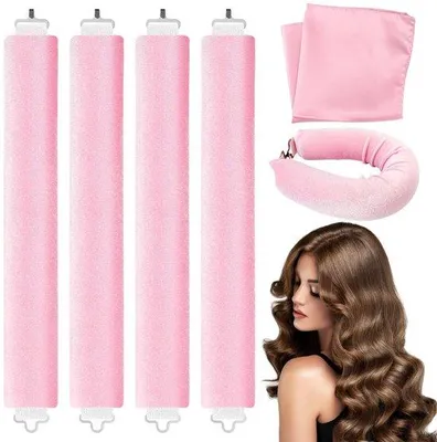 Image de Bigoudis pour cheveux longs - 4 pièces - avec bonnet - rose - 29 cm de longueur - avec pinces