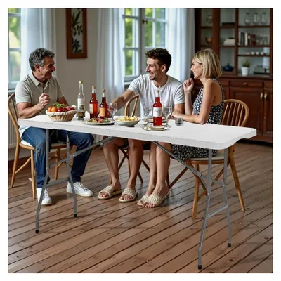 Produktbild von Klapptisch für 4-6 Personen, 180 cm, rechteckig, Kunststoff, mit integriertem Griff, für Garten, Camping, Partys und Picknicks, weiß