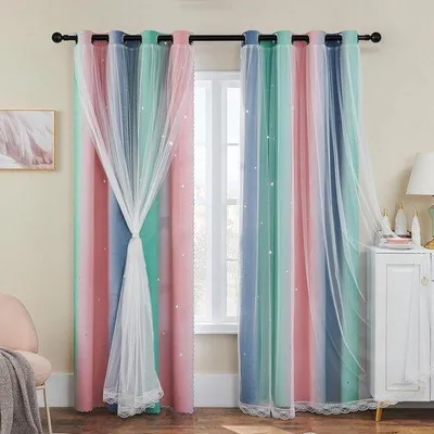 Produktbild von Doppelte Vorhänge Schlafzimmer 213cm rosa/grün Voile