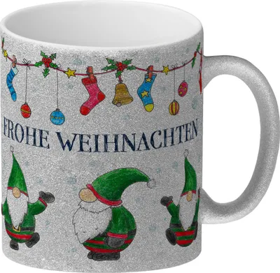 Produktbild von Frohe Weihnachten Glitzer-Glitzer-Kaffeebecher mit Wichtel Motiv