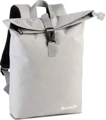 A light gray Bench backpack with a roll-top closure and black straps, shown against a white background.