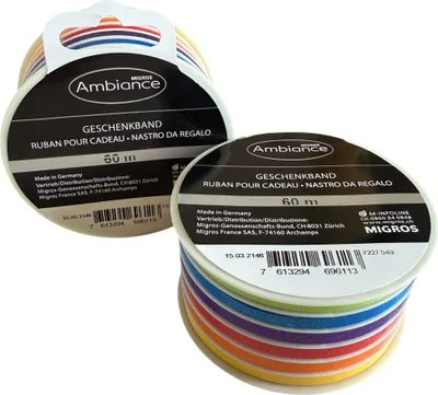 Produktbild von Ambiance Geschenkband-Set – 2 Rollen (6×10 m pro Rolle) – 5 mm breit – 6 fröhliche Farben