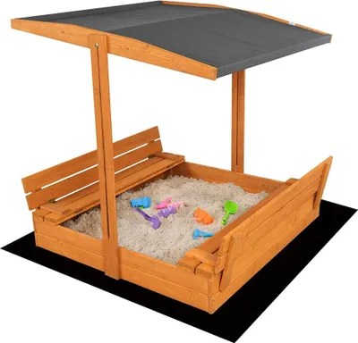 Obrázok produktu pre Baby Mix drevené pieskovisko s lavičkami a strieškou 120x120 cm sivé