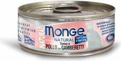 Imagen del producto de MONGE NATURAL, alimento húmedo para gatos con atún, trozos de pollo y gambas, 80 g