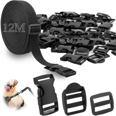 Nylon Gurtband 12 m, 25 mm, mit 12 Schnallen-Sets, Schwarz
