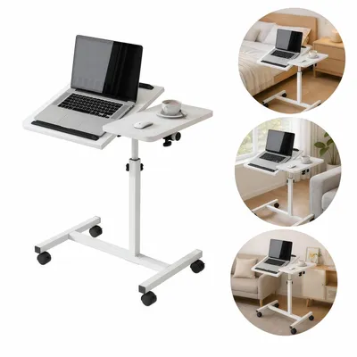 Imagen del producto de Mesa para portátil, mesa para ordenador portátil, mesa para ordenador, mesa auxiliar para sofá, mesa auxiliar con ruedas, altura ajustable, color blanco
