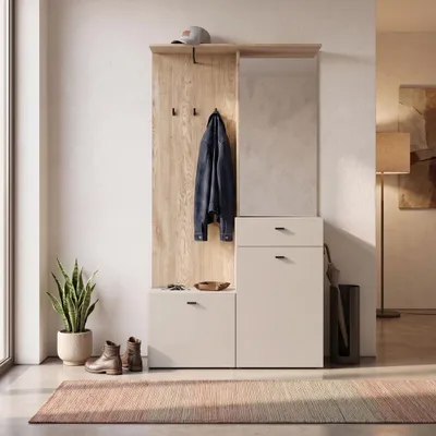 Produktbild von Flur Garderobe in Eiche mit Beige, 100 cm breit, Spiegel - RUMMU-129