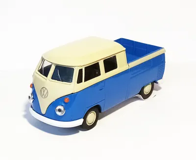 Produktbild von VOLKSWAGEN Bus T1 Doppelkabine Pick UP 12cm VW Pritschewagen Pritsche Modell Auto Metall Modellauto Spielzeugauto 77 (Blau)