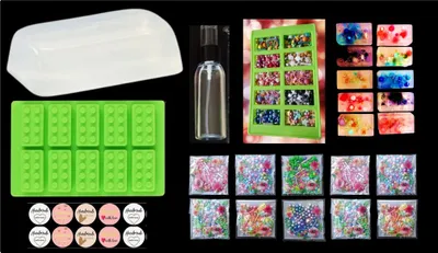 Produktbild von GKA Streuselseife Seifenherstellung Set Bausteine mit bunten Streusel Aloe Vera Gießseife und viel Zubehör Seife zum selber machen für Kinder