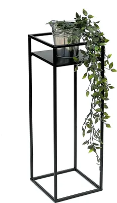 A black metal plant stand with a potted plant on top.