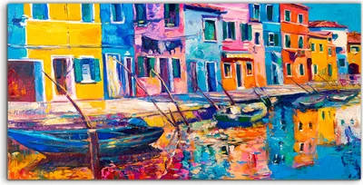 Produktbild von Coloray Acrylbild 100x50  Wandbild Acrylbilder kunst Stadtgebäude Wasser boote Dorf