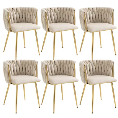 Produktbild von LVHOM Esszimmerstühle Samtbezug Wohnzimmerstuhl 6er Set Polstertuhl Geflochtener Stil, Esszimmer Stuhl, Goldene Metallrahmen, Ivory