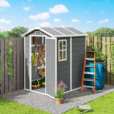 Produktbild von SUGIFT Gerätehaus Kunststoff mit Boden & Fenster abschließbar, Gartenschuppen Holzoptik, Gartenhaus Grau | 186 x 131 x 198 cm | UV-beständig | 38,5 kg