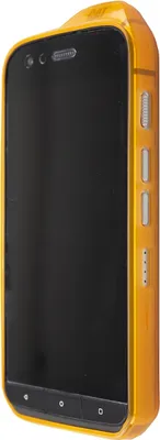 A side view of a rugged, orange smartphone in a protective case.